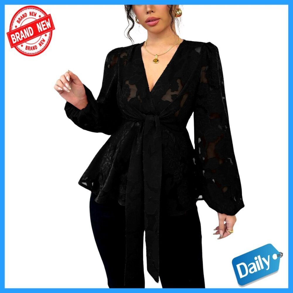 Floral Lace Lantern Sleeve Blouse V Neck Flared Hem Belted Peplum Top